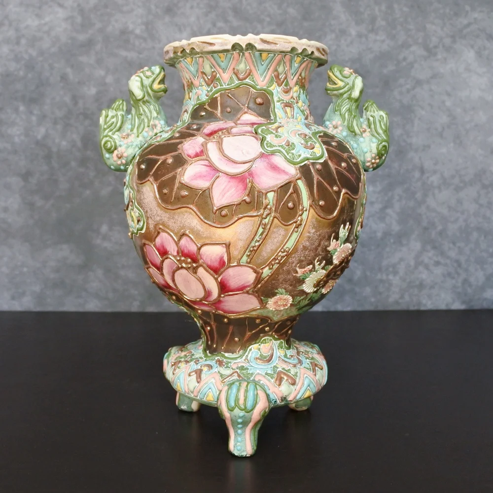 Antique Japanese Satsuma Moriage Foo Dog Floral Vase Urn - Picture 8 of 14